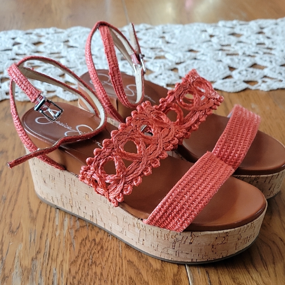 Jessica Simpson Pink Wedge Sandals with Crochet Detail.  D - Picture 2 of 8